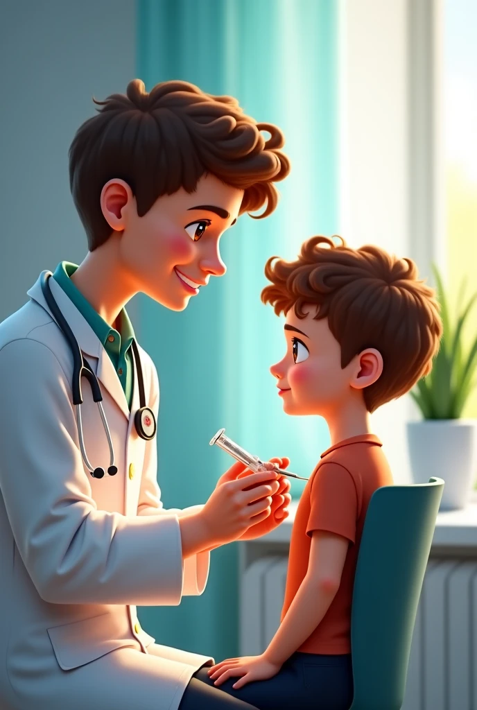 Drawing of a young dentist talking to a boy with brown hair, green eyes and pretty round cheeks