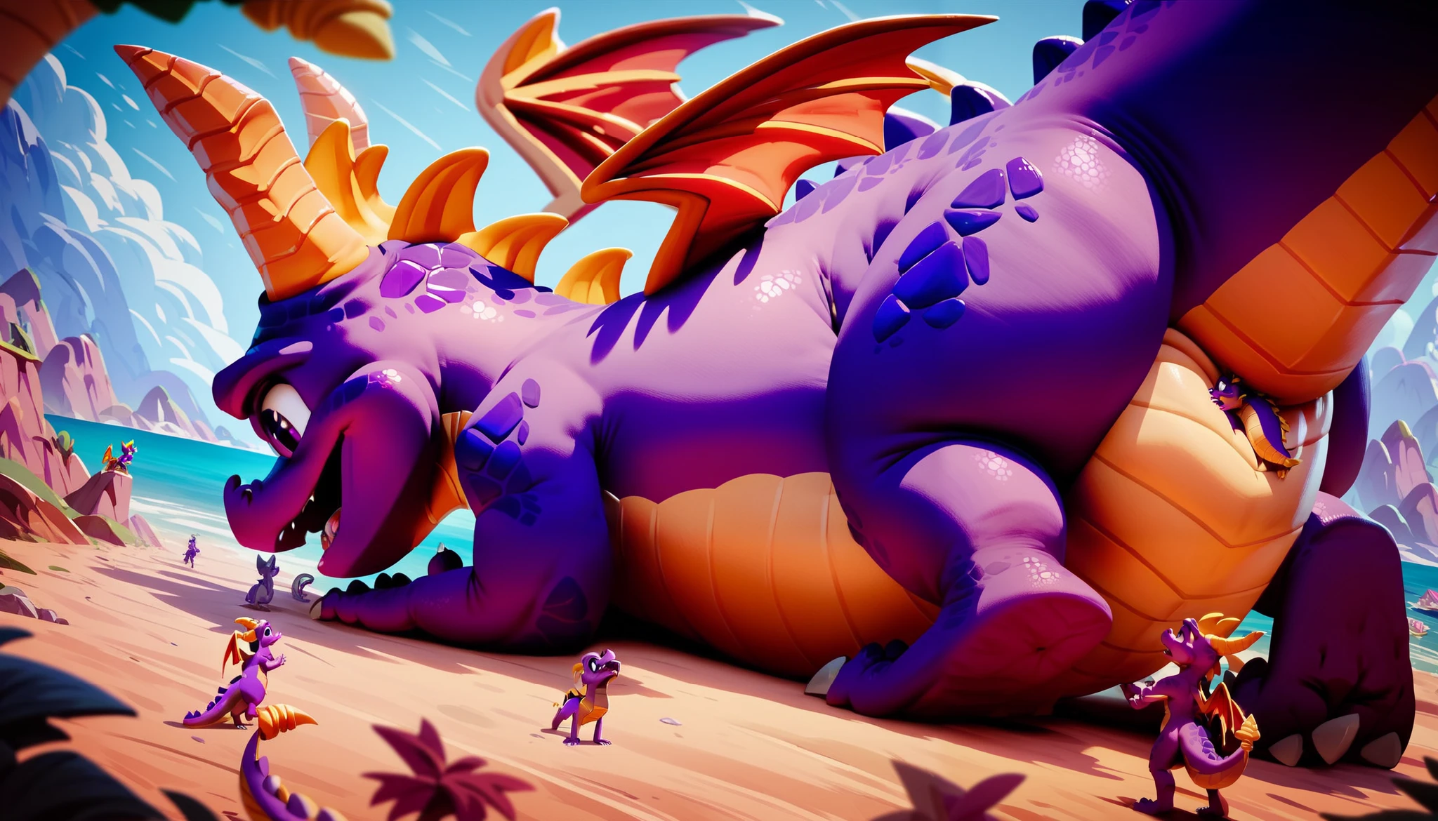 Duo, (Macro Feral female Spyro, ((HUGE tail, THICK tail bottom)), long tail, wide , thighs, back, lying down), ((ant view)), looking at viewer, break, giant kraken rising from sea with huge and thick tentacles, on a beach