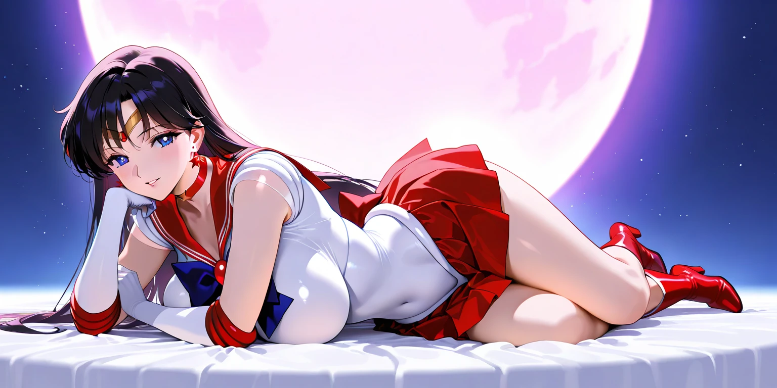 Sailor Mars is pushed down on the bed, her legs spread wide, and a man inserts his penis into her、Highest quality、blush、Painful expression