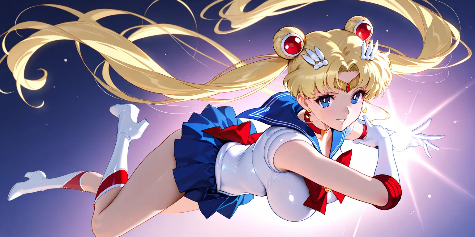 Sailor Moon, 1 girl, blonde hair, long hair, blue eyes, detailed eyes, simple background, female focus, alone, standing, Usagi Tsukino, portrait, full body, (Masterpiece:1.0), (best quality:1.0), (wallpaper 8k:1.0), (beautiful face detailed:1.0), (deep detailed eyes), deep eyes, looking at viewer, red bow on chest, pink bra, white gloves, big breasts, bare abdomen, pink panties ,
