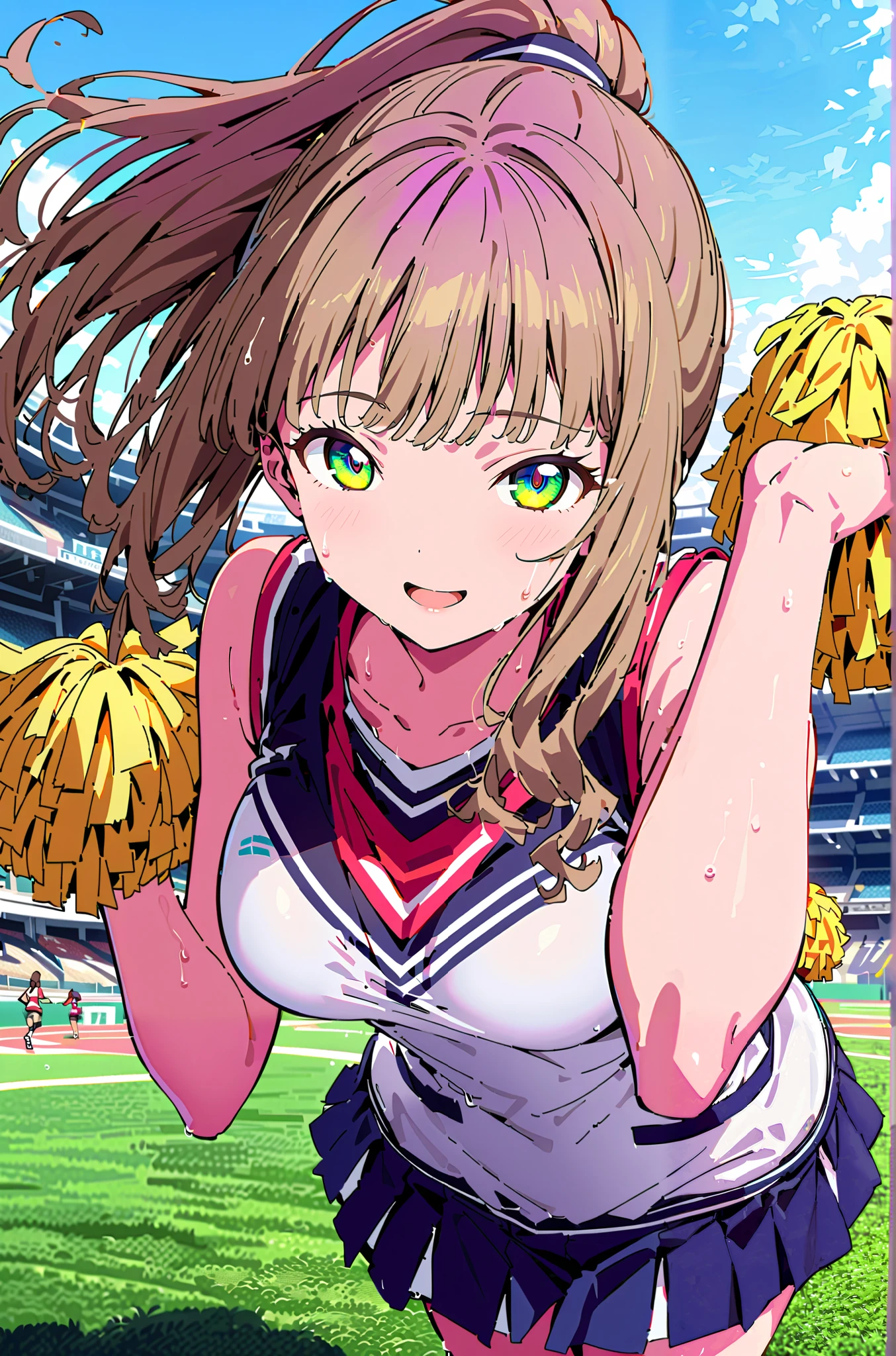 score_9, score_8_up, score_7_up, source_anime,yume minami, long hair, brown hair, green eyes, bungs,smile,cover,open your mouth,ponytail from Yubi's point of view, Medium breast,(cheerleading), (full body), on chest, (made me sweat), made me sweat Wet Clothes, (white clothes),sleeveless, pleated skirt,black socks,sneakers with a ladyback letter, stomach button support , playground, (jump), (jump), 両足を曲げてjumpする, , blue sky, Compa, smile,cheerleader, Pom-pom \(cheerleading\) real hair ornaments,full bodyがillustrationに入るように,break outdoors,Stadium,
break looking at viewer,full body,
break (masterpiece:1.2), best quality, high resolution, Unity 8k Wallpaper, (illustration:0.8), (beautiful detailed eyes:1.6), very detailed face, so that it fits into the illustration, extremely detailed CG, (curved body, Complete anatomy),