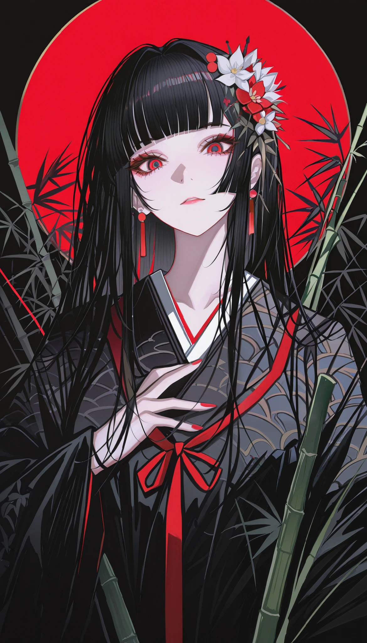 masterpiece, best quality, absurdres, kafka02_illu, abstract, 1girl, solo, red eyes, long hair, red nails, bangs, nail polish, black hair, looking at viewer, flower hair ornament, blunt bangs, upper body, bamboo in back, beautiful moon in the background