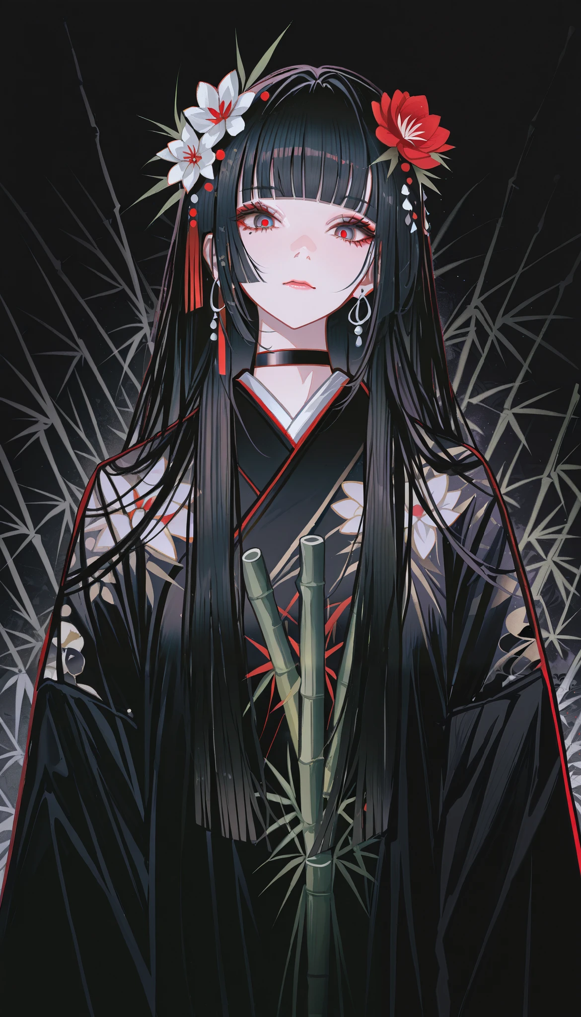 masterpiece, best quality, absurdres, kafka02_illu, abstract, 1girl, solo, red eyes, long hair, red nails, bangs, nail polish, black hair, looking at viewer, flower hair ornament, blunt bangs, upper body, bamboo in back, beautiful moon in the background