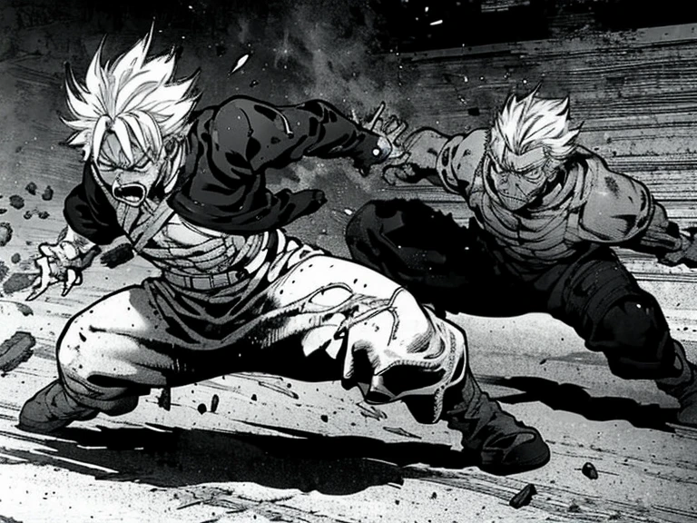male boy, white hair, male boy fighting against a very fearsome enemy, manga style