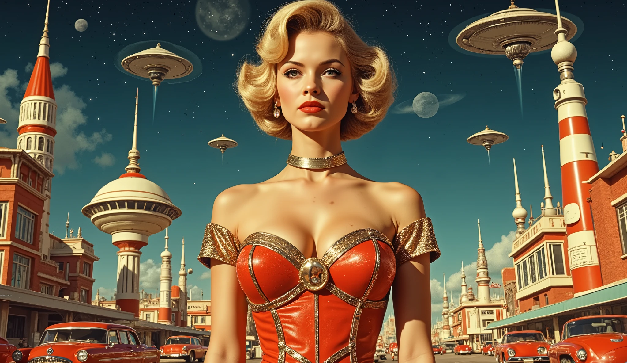 there is a woman in a bikini standing in front of a painting, retrofuturism sci - fi old movie, cgsociety ), ffffound, doom, nuclear explosions paint sky, army of robots, golden computers, rendering of beauty pageant, jetsons, # mecha, cinemascope, atomic age, elvgren --auto --s2