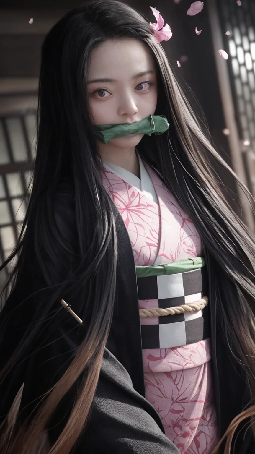 CosmiEyes, nezuko kamado, bamboo, bit gag, black hair, forehead, gag, gagged, hair ribbon, long hair, multicolored hair, (pink eyes:1.5), orange hair, slit pupils, wavy hair, two-tone hair, asa no ha (pattern), checkered sash, haori, japanese clothes, kimono, long sleeves, obi, pink kimono, sash, wariza, wide sleeves