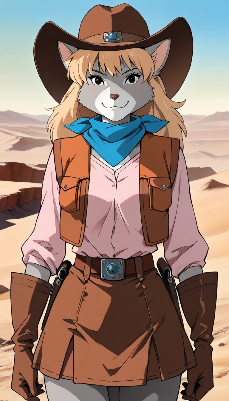 (score_9, score_8_up, score_7_up, score_6_up, source_anime, clementine, ((furry female)), 1girl), (extremely detailed CG unit 8k wallpaper),(master part), (best quality), (ultra detail), (best illustration),(ghibli_style), cowboy shot, dutch angle, standing, facing viewer, looking at viewer, perfect face, perfect eyes, perfect fingers, (Sharp eyeliner, ombre, detailed eyes:1), traditional media, desert, wild west, outdoors BREAK upper body, solo, grey fur,long hair, blonde hair,cat,black eyes, brown cowboy hat, brown open vest,pink shirt,brown gloves,blue scarf,brown belt,brown miniskirt,smile