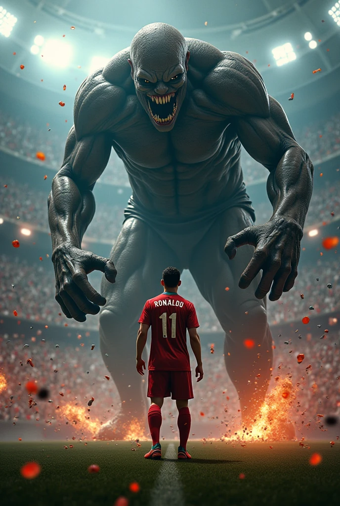 Ronaldo with Real Madrid shirt taking a penalty, and the devil is the guardian