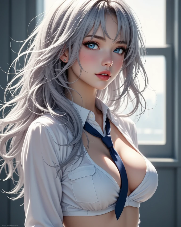 (best quality,ultra-detailed,photo-realistic:1.37),bright and vibrant colors,studio lighting,playful expression,stylish makeup,Trench Coat,Silver hair flowing in the wind,alluring eyes,glossy lips,sexy pose, smiling in a confident and seductive way,posing for a professional photoshoot,shallow depth of field,highlighting the main subject,soft natural lighting,creating a dreamy and magical atmosphere.