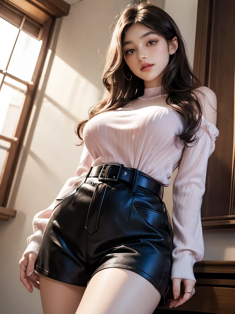 extremely detailed CG unity 8k wallpaper, best quality, ultra-detailed, masterpiece, realistic, photo realistic, extremely detailed cute girl, 25years old, blush, parted lips, round eyes, pantyhose, panty shot, looking at viewer , half body shot , hotel , night