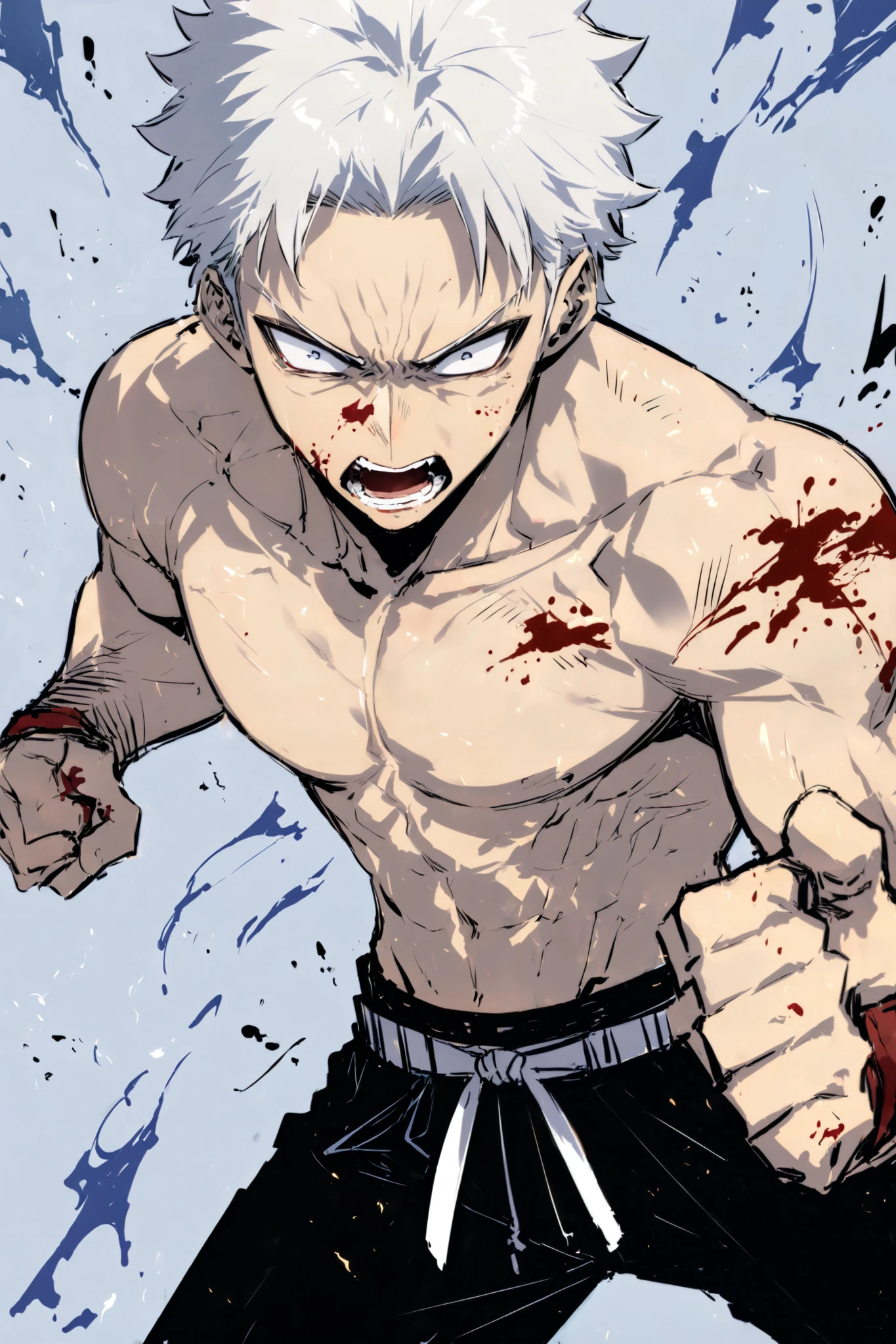 Handsome, Athletic, alone, male, Short spicky hair, long white hair, black blue eye, no shirt, black pants, , intricate sketch, angry expressive eyes nose and mouth, Abs, clench fist, martial art stance, blood on his fists, perspective