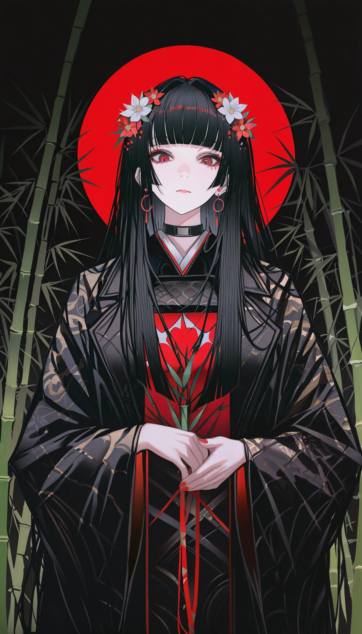 masterpiece, best quality, absurdres, kafka02_illu, abstract, 1girl, solo, red eyes, long hair, red nails, bangs, nail polish, black hair, looking at viewer, flower hair ornament, blunt bangs, upper body, bamboo in back, beautiful moon in the background