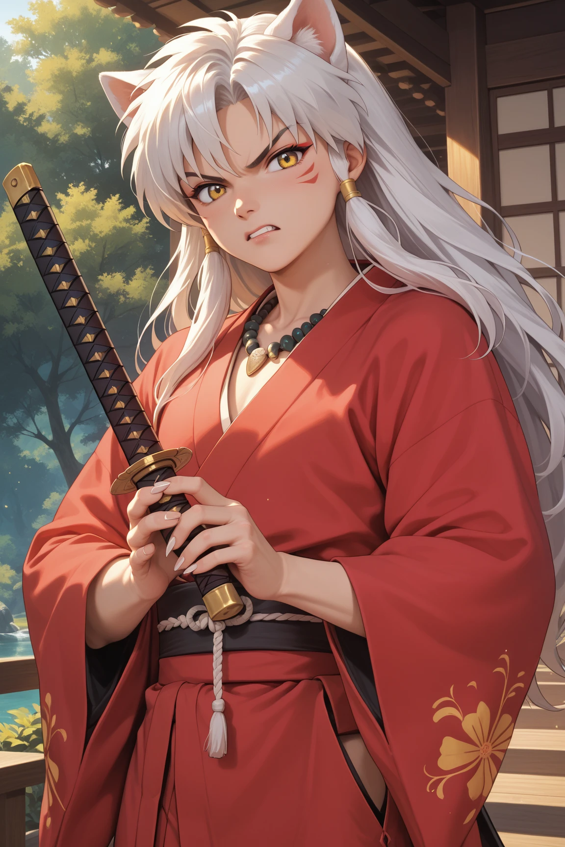 masterpiece, beautiful, ultra-detailed, detailed face, 4k, hd, perfect lighting, best quality, score_9, score_8_up, score_7_up, 2d art, perfect hands, perfect eyes, inuyasha, white hair, yellow eyes, long hair, animal ears, dog ears
necklace, jewelry
weapon, sword, katana
sheath
kimono, japanese clothes
red kimono, solo, ((1man)), angry, ((adult))
fingernails, (sharp fingernails)