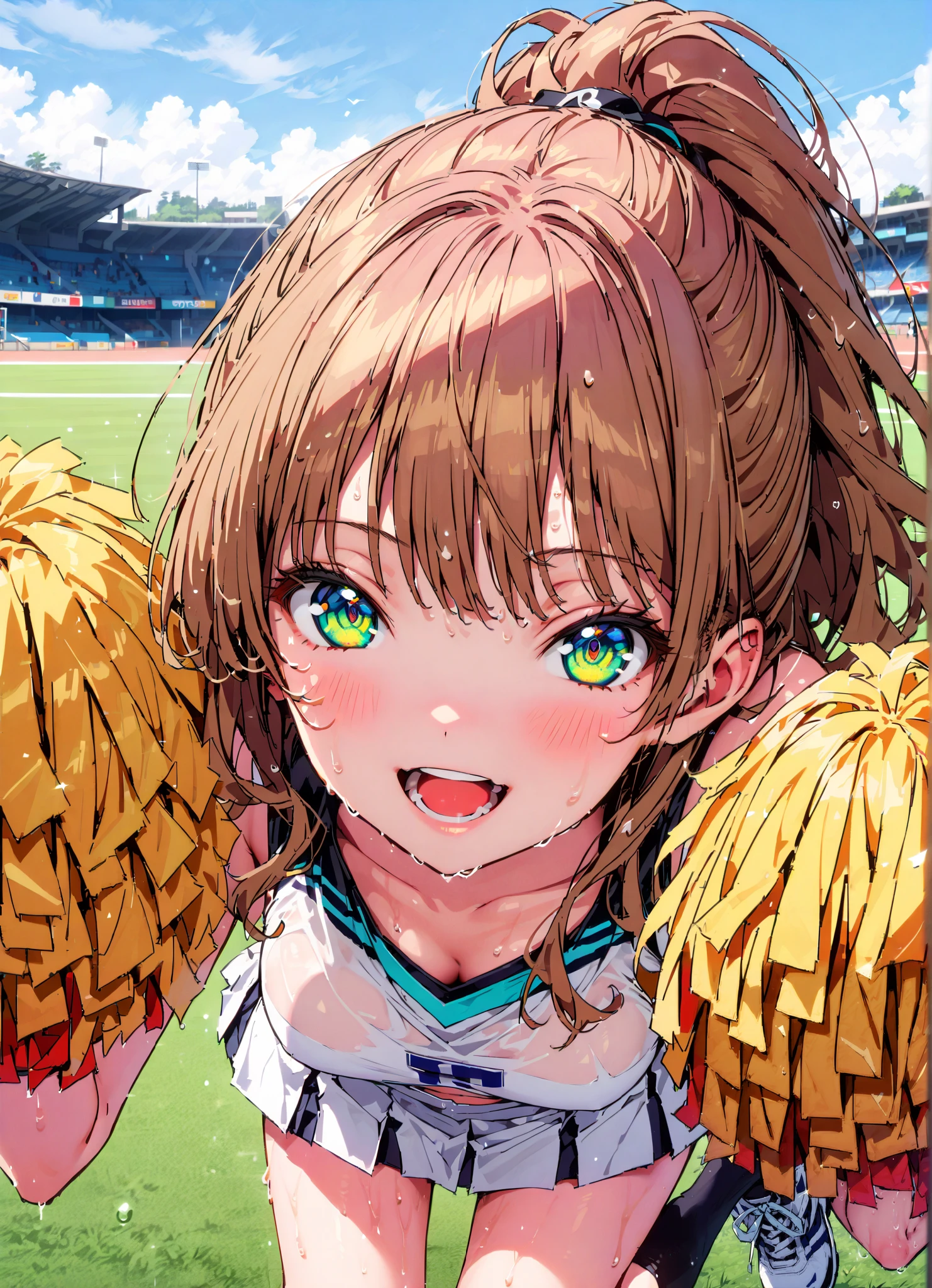 score_9, score_8_up, score_7_up, source_anime,yume minami, long hair, brown hair, green eyes, bungs,smile,cover,open your mouth,ponytail from Yubi's point of view, Glowing Skin,Medium breast,(cheerleading), (full body), on chest, (made me sweat), made me sweat Wet Clothes, (white clothes),sleeveless, pleated skirt,black socks,sneakers with a ladyback letter, stomach button support , playground, (jump), (jump), 両足を曲げてjumpする, , blue sky, Compa, smile,cheerleader, Pom-pom \(cheerleading\) real hair ornaments,full bodyがイラストに入るように,break outdoors,Stadium,
break looking at viewer,full body,
break (masterpiece:1.2),best quality , kampala,Unity 8k Wallpaper,(shape:0.8),( fine, beautiful eyes :1.6),It's a person ,full body写真,CG Details , (perfect hands,complete anatomy),