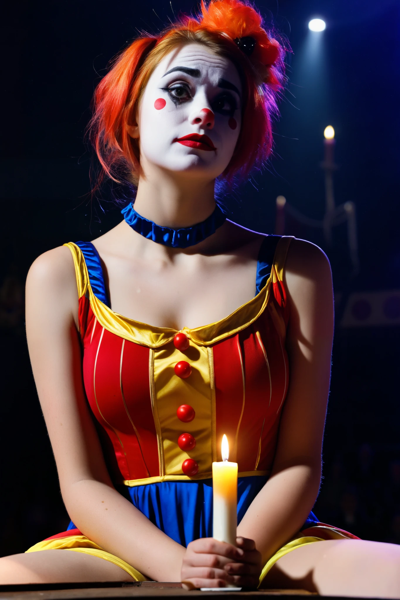 Round-faced young woman dressed as a circus clown in a circus arena letting her sadness shine through lighting a candle