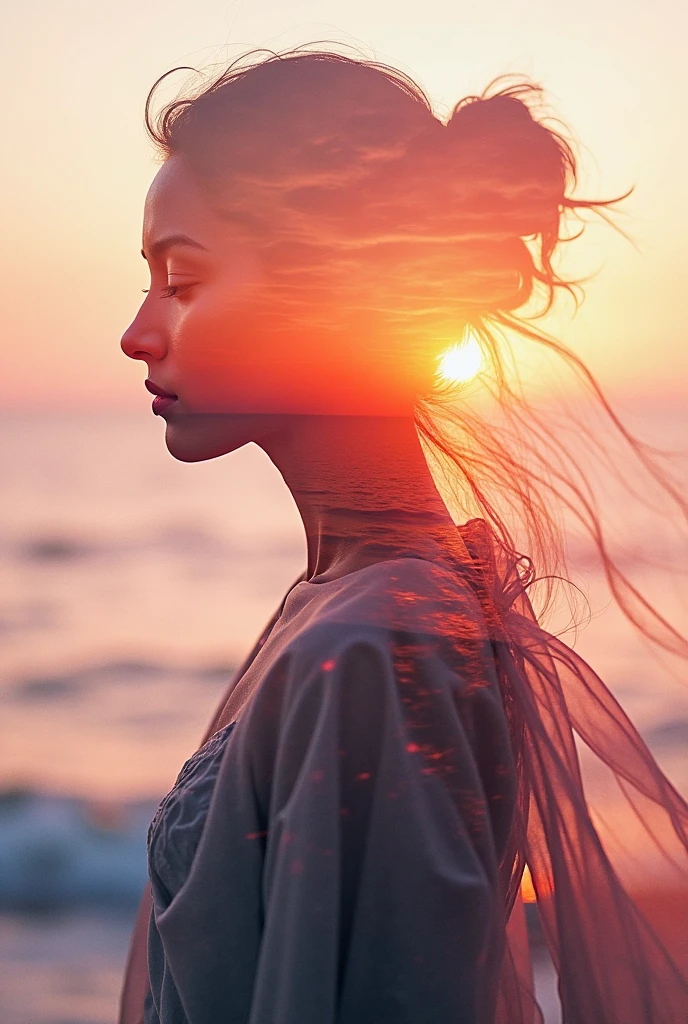 high quality,8k ultra high definition,美丽的Doubleexposure,Combining the silhouette of the goddess with the sunset coast, sunset coast should be used as the bottom background,Details are integrated into the silhouette of the goddess,Clear lines,The background is a monochromatic ,Focus sharp,Doubleexposure,Created by yukisakura,Gorgeous full color