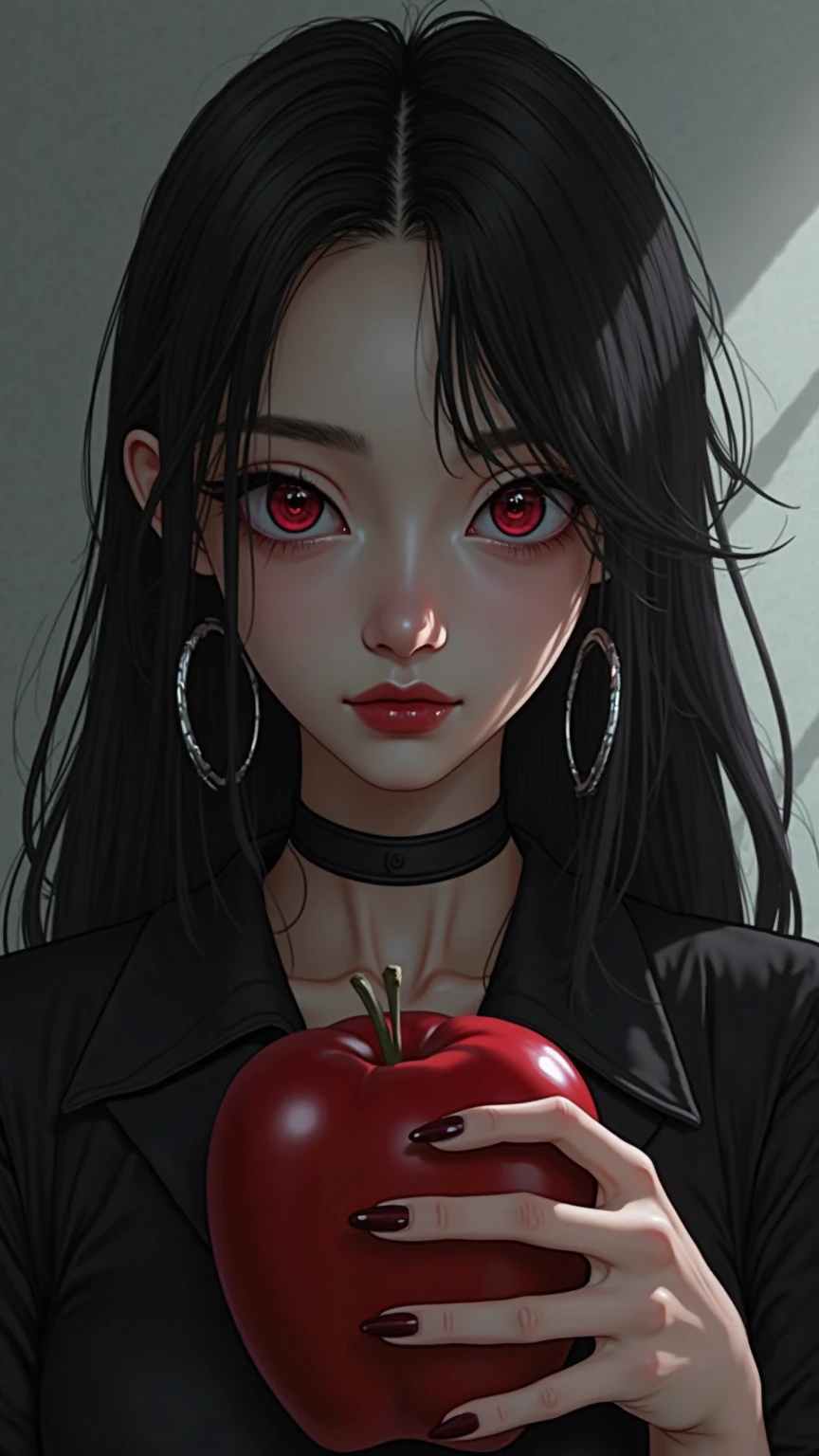 ((RAW photos),Absurd ,(Absurd 分辨率)),Masterpiece ,Best quality,(extremely detailed 8k unity CG wallpaper),(Most Best Illustration),(BEST SHADOW),Realistic lighting,Beautiful and detailed brilliance ,((21yo)),girl,longblackhair,Black Queen,accessories,Hold an apple,Poison apples,Witch Queen,red lipsticks,(((Her photography perspective)))