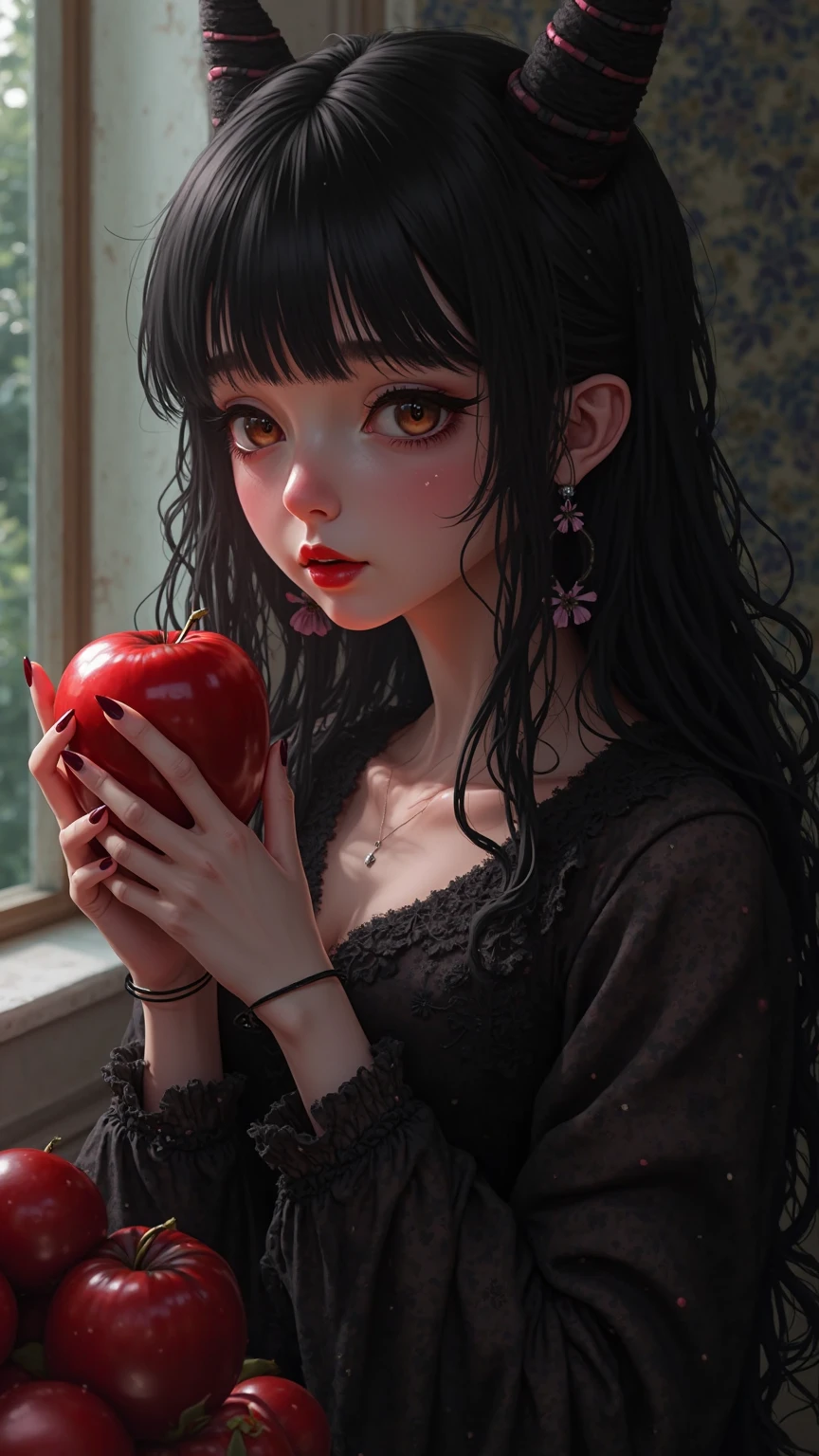 ((RAW photos),Absurd ,(Absurd 分辨率)),Masterpiece ,Best quality,(extremely detailed 8k unity CG wallpaper),(Most Best Illustration),(BEST SHADOW),Realistic lighting,Beautiful and detailed brilliance ,((21yo)),girl,longblackhair,Black Queen,accessories,Hold an apple,Poison apples,Witch Queen,red lipsticks,(((Her photography perspective)))