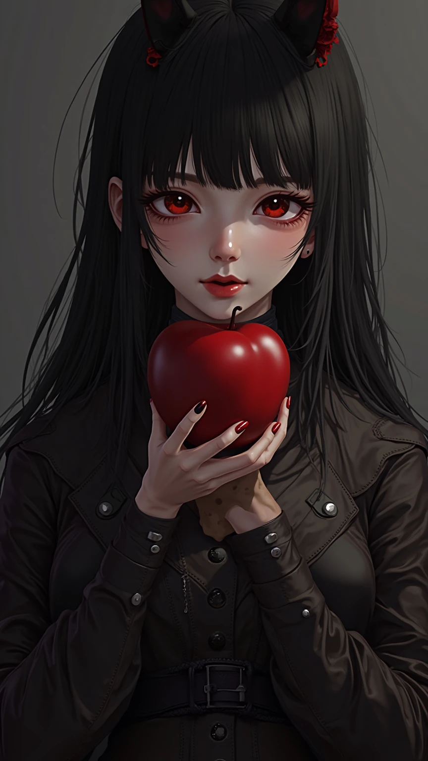 ((RAW photos),Absurd ,(Absurd 分辨率)),Masterpiece ,Best quality,(extremely detailed 8k unity CG wallpaper),(Most Best Illustration),(BEST SHADOW),Realistic lighting,Beautiful and detailed brilliance ,((21yo)),girl,longblackhair,Black Queen,accessories,Hold an apple,Poison apples,Witch Queen,red lipsticks,(((Her photography perspective)))