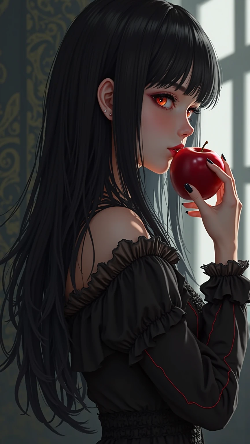 ((RAW photos),Absurd ,(Absurd 分辨率)),Masterpiece ,Best quality,(extremely detailed 8k unity CG wallpaper),(Most Best Illustration),(BEST SHADOW),Realistic lighting,Beautiful and detailed brilliance ,((21yo)),girl,longblackhair,Black Queen,accessories,Hold an apple,Poison apples,Witch Queen,red lipsticks,(((Her photography perspective)))