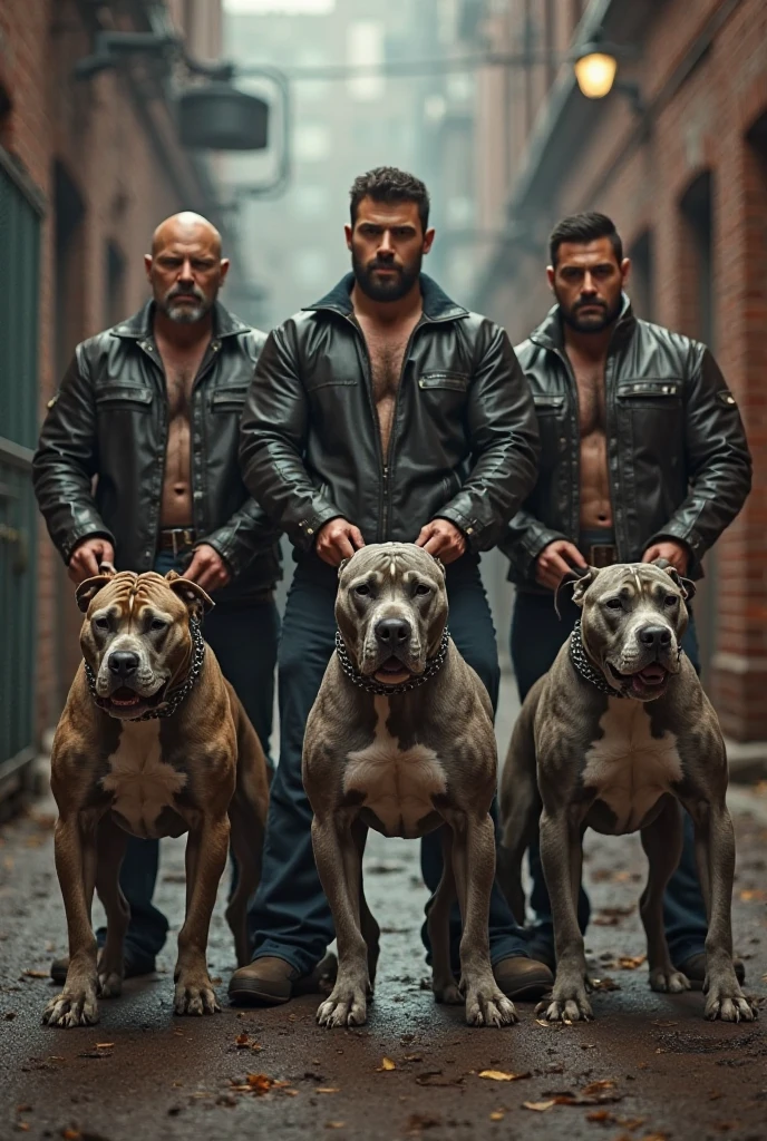 a scary, menacing, muscular clown who stands in a dark alley with two evil pitbull dogs on a leash