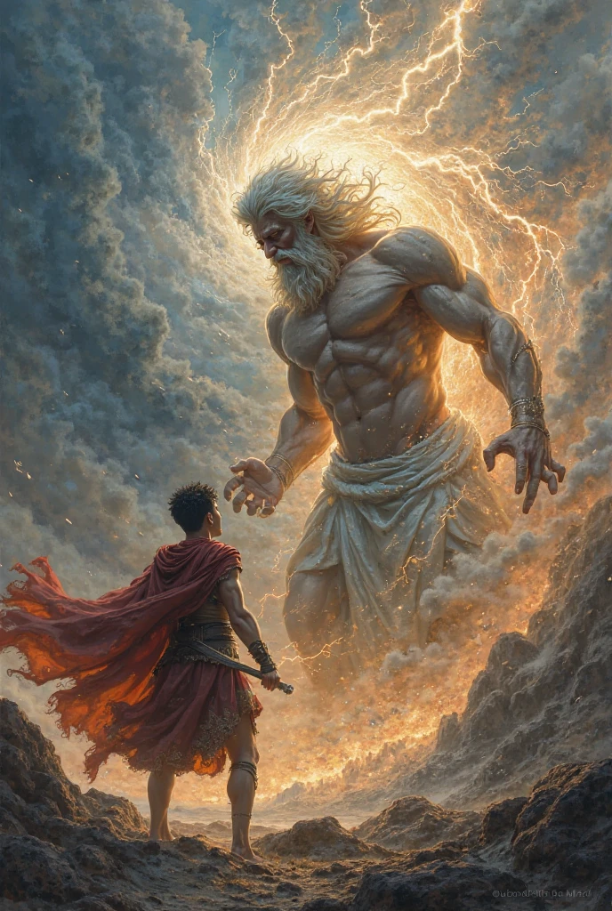 Zeus, the enemy, shoots lightning, and Hercules protects himself with a shield.