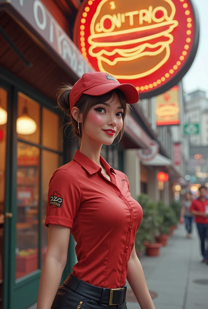 Medium shoot, a realistic beautiful Asian female, slim, curvy, ((big breasts)), wearing a red thin apron with big pockets and a red baseball cap, is filling up with fuel at a "pertamina" gas station. The girl smiles at the camera