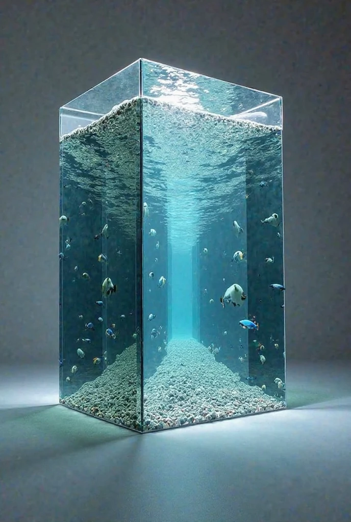 Aquarium 50 cm long by 30 cm wide by 30 cm high with a 20 cm long and high section with mirrors to create an optical illusion of infinite images