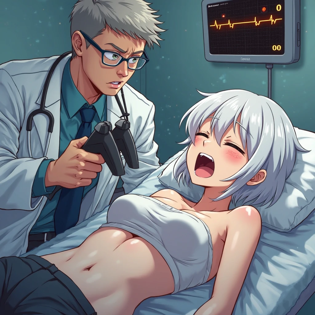 masterpiece,hospital,Examination room,Face close,Gray Hair,Silver Eyes,Beautiful Eyes,long hair,ponytail,A girl wearing a white coat,naked,Pale skin,slender,Small breasts,Small nipples,Excited expression,Sitting in a chair,One man whose face is invisible,Passionate kissing,White haze,Saliva dripping from the mouth,Sticking out tongue