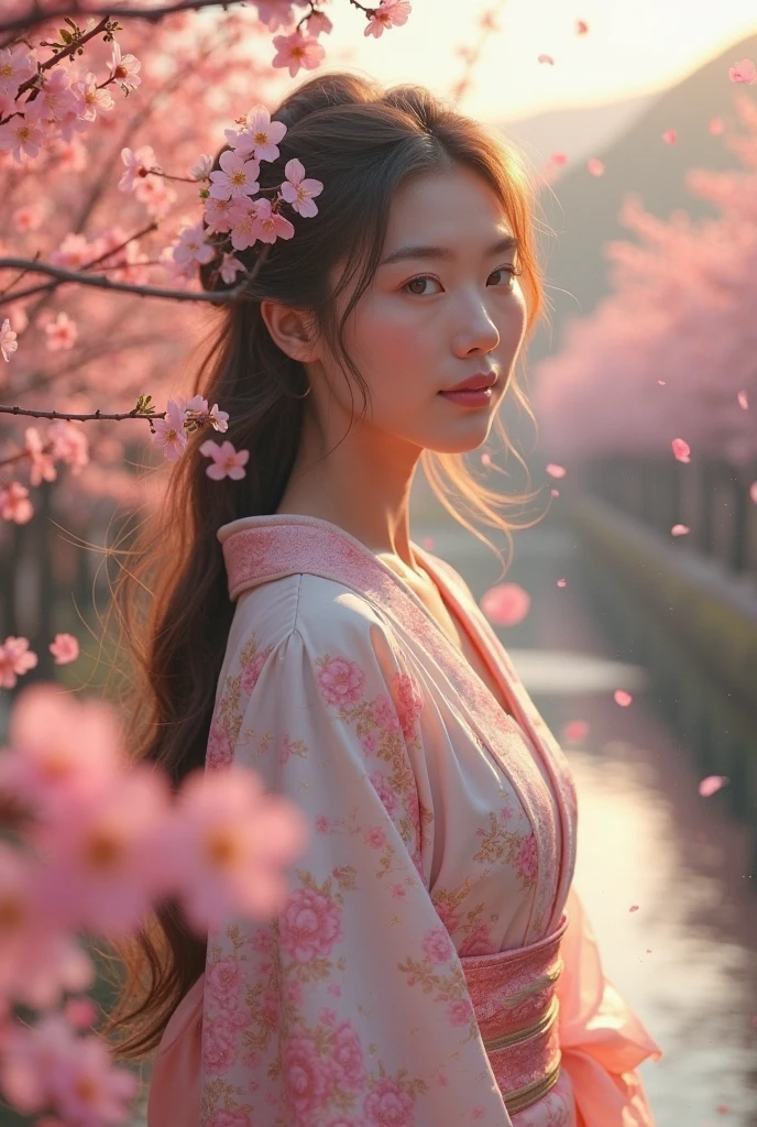 A beautiful woman with ethereal and delicate features, representing the goddess of cherry blossoms.  Her skin is soft and luminous , with an almost divine glow. Her eyes are deep and serene, reflecting the beauty of nature. Her long hair flutters like a spring breeze, with sakura petals floating around her. She wears an elegant kimono in shades of pink and white, decorated with golden floral embroidery.

She is standing in a spectacular landscape of cherry blossoms in the middle of spring. Around you, the trees are covered with pink petals, some floating in the air with sunlight filtering through the branches. The background shows distant mountains with a soft fog, and a crystal clear river reflecting the colors of the sky at dusk.  The atmosphere is magical , with warm and soft lighting that enhances her divine presence.

Hyperrealistic photography, with a cinematographic composition, crisp details on the skin, the clothes and the environment,  WITH STUNNING REALISM 