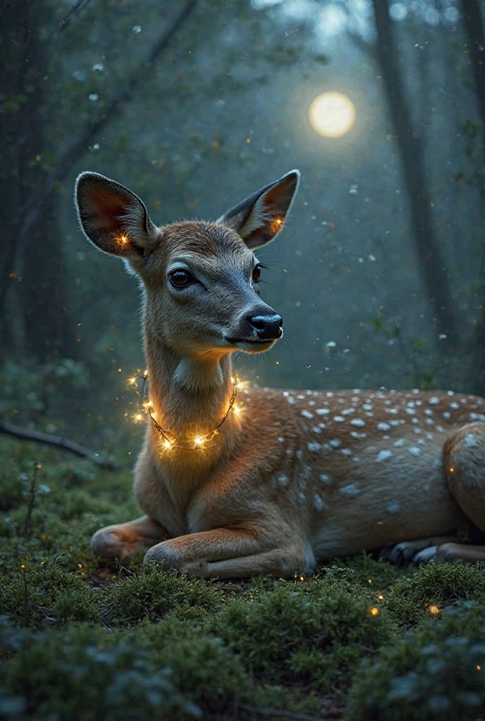 Close up photo of fawn in enchanted forest、natta、fireflys、Volumetric fog、Halation、bloom、Dramatic atmosphere、central、thirds rule、200mm 1.4F Macro Shot, moody forest, dark, night, dark colour pallet, glowing fireflies