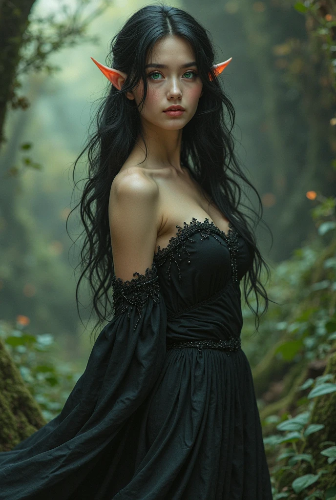 Masterpiece, a beautiful succubus, ((Grace Kelly:Michelle Pfeiffer:0.5)), (high detail plunging gown), (small breasts), (perfect firm body), (pale skin), (raven black hair), (long hairstyle), (small demon horns), ((crimson eyes)), warm smile, devil tail, outside, (skin texture:1.1), best quality, ultra high res, Raw photo, Nikon D850, backlight, rimlight, bright sunlight, film grain:1.2, (warm hue, warm tone:1.2), (color photo), fantasy landscape background