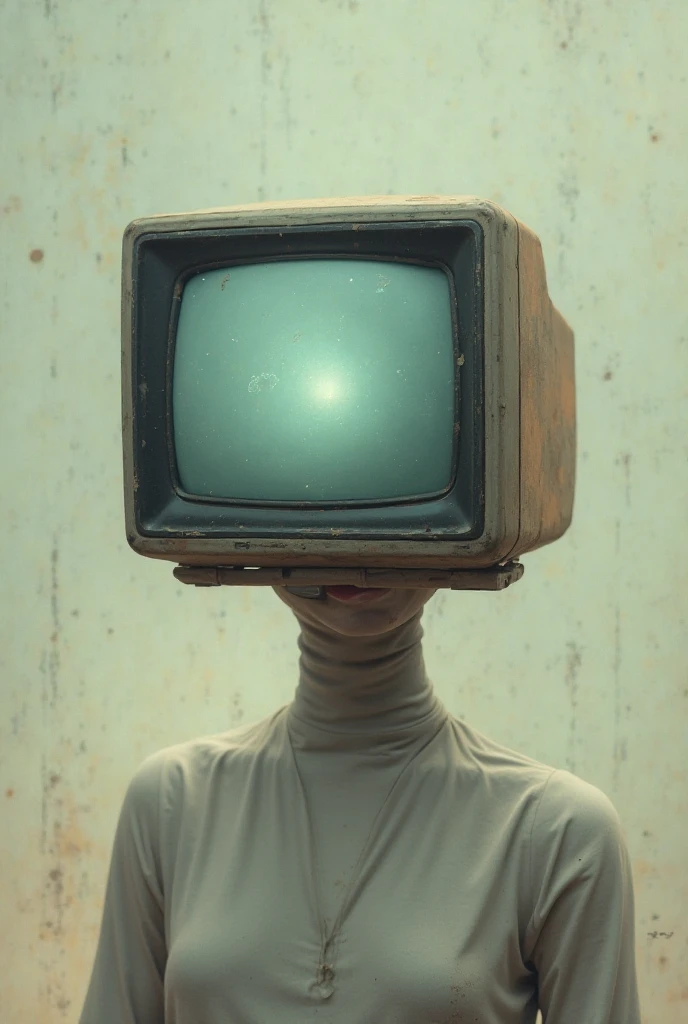 A woman with an old television head with antennas naked on the beach