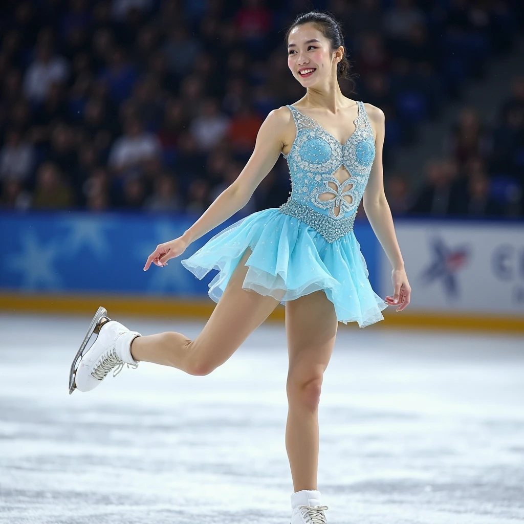 Smile expression. Generate costumes for figure skaters dancing on ice. Give this image snow-white feathers and sparkling Swarovski crystals. Next, Add a skate dress designed to emphasize the lines of the body, Especially the hips and legs, Eta、Give the skirt a special touch with feather accents. Accessorize more with a gold headpiece, Transparent beaded necklace and matching rings or earrings. Finally, Bright makeup and sparkling eyeshadow、Complete the atmosphere of figure skaters shining on the ice. Dynamic Poses: Posing that reproduces triple axel and toe loop jump, Or、Pose during a spin to show the figure skater's grace and movement. location: Large skating rink in the center of the ice castle. The castle is surrounded by glowing ice statues and waterfalls, A huge crystal chandelier hangs in the center of the skating rink. This location is、There is a beautiful and magical atmosphere that complements the figure skating cosplay and its dynamism.