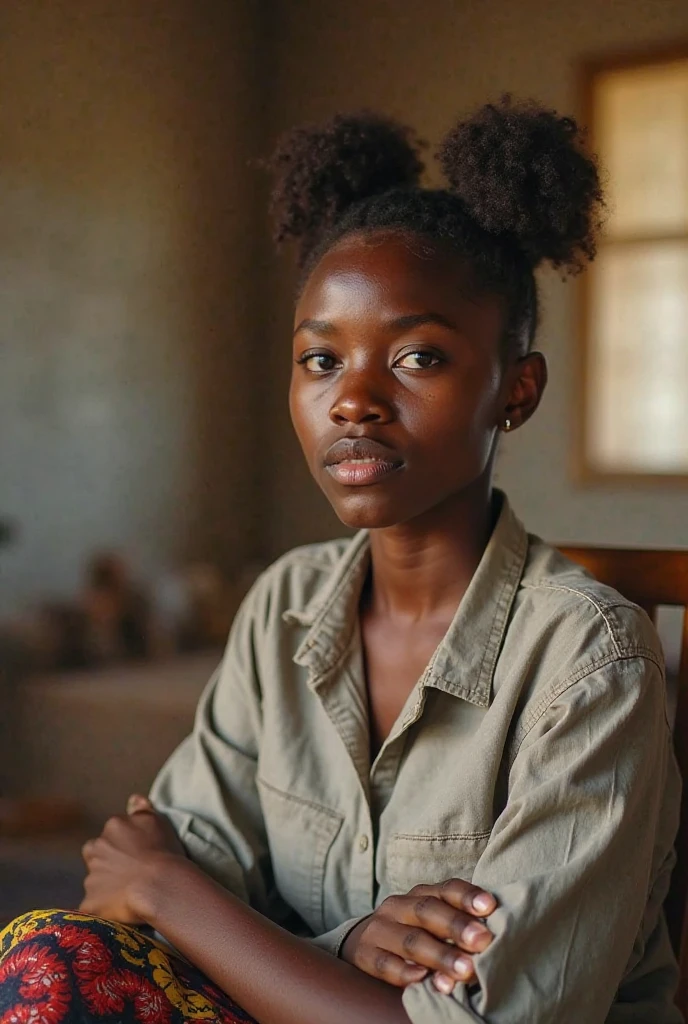 Portrait of a young woman of 18 years beautiful beautiful face perfect petit teen, she is happy, very beautiful African, praying, in bed, (private study dark, dark and grumpy light: 1.2)