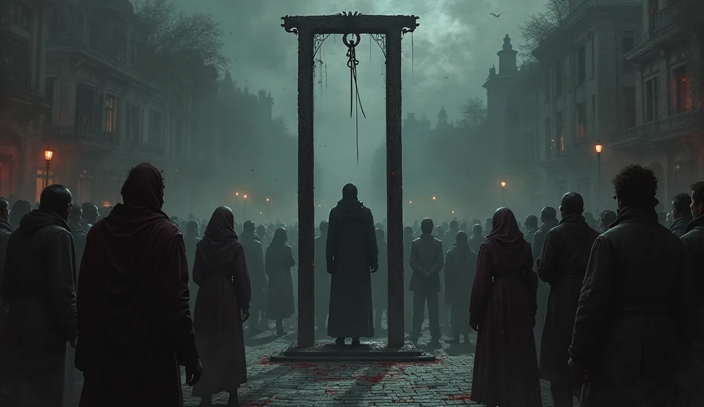 A dark and foreboding visual depiction of a city center transformed into an execution zone. At the heart of the square stands a large, imposing scaffold made of dark, weathered wood, stained with the blood of countless executions. Iron shackles hang from a thick wooden beam, while a tall, sharpened spike looms nearby. The ground around the scaffold is bare and trampled, the cobblestones worn smooth by the feet of onlookers. A low stone wall encircles the area, adorned with rusted iron spikes, creating a menacing boundary.
In the corners of the square, iron cages hang from tall wooden poles, holding the skeletal remains of previous victims. These grim displays sway and creak in the wind, adding to the eerie atmosphere. The surrounding buildings, once grand, are now darkened by soot and grime, with shattered or boarded-up windows. The scene is often shrouded in a thick, oppressive mist, with the air heavy with the scent of blood and decay.
Crows perch on the rooftops, watching the proceedings below with unblinking eyes, while the distant wail of a mourner and the harsh commands of guards break the heavy silence. The overall atmosphere is one of death and despair, capturing the grim reality of a place where hope is extinguished, and justice is meted out with ruthless finality. The art style should be realistic, emphasizing the oppressive and chilling mood of the execution zone in this dark, dystopian city center.