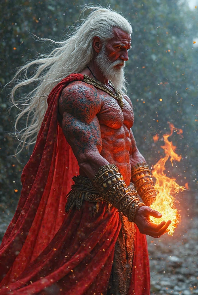 A wizard with long white hair, European ethnic style. Without the upper clothes, with a defined abdomen, in a war scenario involving magic.