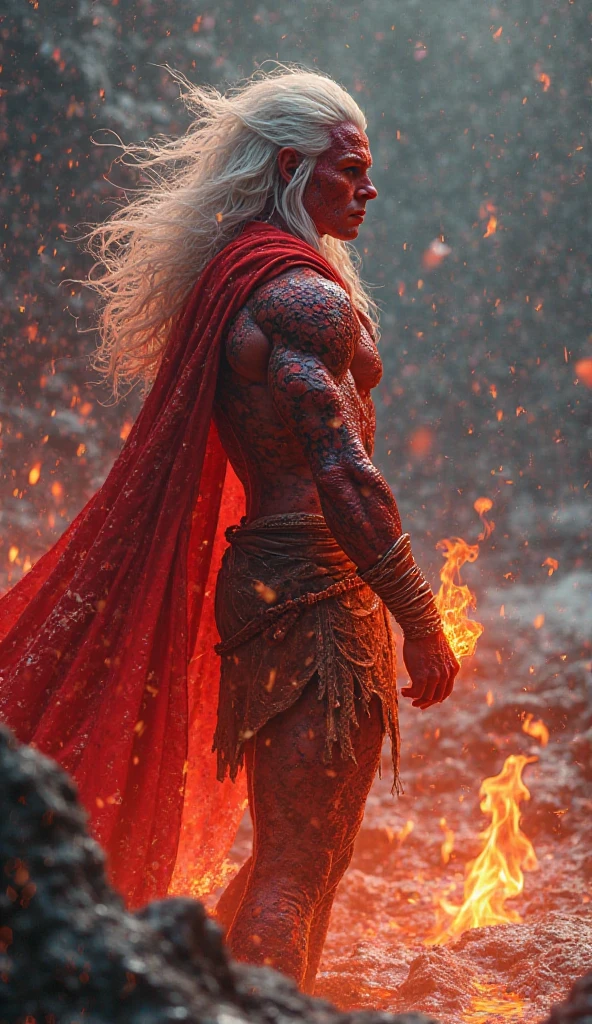 Make a muscular blonde man with long hair wearing black pants and boots and tattoos on his body in red with demonic symbols. He has the powers to control red energy. , He's screaming in pain
