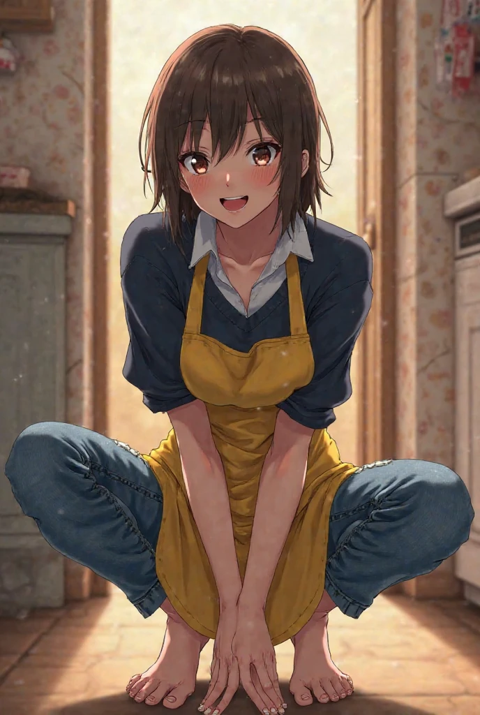 1girl, short hair, brown hair, brown skin, shirt, skirt, looking at viewer, smile, brown eyes
