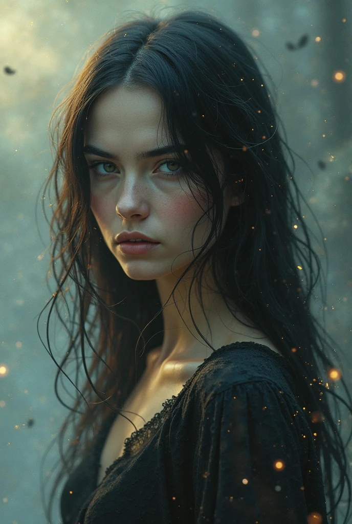 medium range portrait of a hyperdetailed in the style of a dementor from harry potter and a rogue wizard dnd character, (pleasant:1.3) thoughtful expression, (conjuring magical energy:1.3), cinematic shot on canon 5d ultra realistic skin, Steve Henderson Fabian Perez Henry Asencio, Jeremy Mann Marc Simonetti fantasy magical horror atmosphere, (highly detailed environment:1.3)