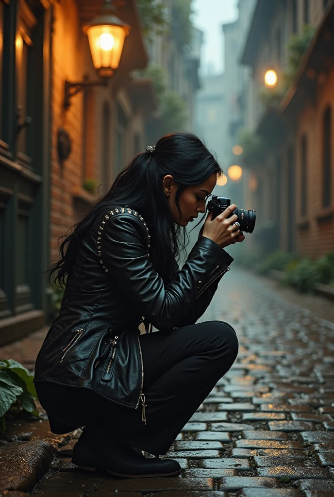 A captivating scene of a mysterious Gothic age girl knelt on wet cobblestones in a dimly-lit alley, meticulously adjusting the settings on her vintage camera. Her silver-studded leather jacket glimmers under the soft flicker of golden gas lamps, while her raven-black hair dances in the faint breeze. The atmosphere is filled with anticipation as she prepares to capture an unseen, enigmatic element in the darkness.