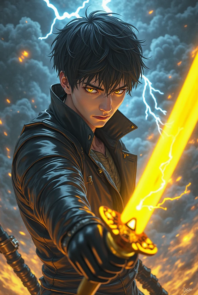 1 boy , lightning sword, black skin