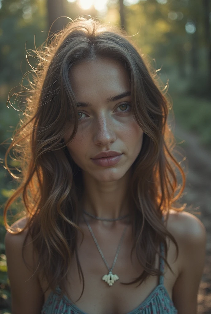 

Create a highly detailed and realistic full-front portrait of a woman with no clothing, depicted tastefully and artistically. She should have natural skin tones with subtle variations, such as slight freckles or gentle blushes. Her eyes should be vivid and expressive, with a natural, engaging gaze. Her hair should be styled in a way that complements her face and the overall aesthetic, whether it’s loose waves, a neat updo, or flowing straight locks.

The image should focus on the natural beauty and grace of the human form, with careful attention to anatomical accuracy and proportion. The pose should be elegant and dignified, emphasizing the natural curves and contours of her body in a way that is both artistic and respectful.

The background should be a serene and picturesque natural environment, such as a lush garden, a sunlit forest glade, or a tranquil lakeside scene. Ensure the image is captured in high resolution, highlighting every detail of her form, the natural environment, and the interplay of light and shadow. The lighting should be soft and flattering, enhancing her natural beauty and creating a harmonious and aesthetically pleasing composition.

The overall tone of the image should be one of elegance and natural beauty, celebrating the human form in harmony with nature. The focus should be on creating a work of art that is both beautiful and respectful, avoiding any elements that could be perceived as vulgar or inappropriate.

