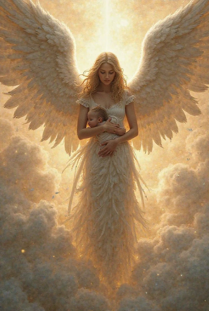 A very beautiful angel cradling children gently in a city ravaged by war.