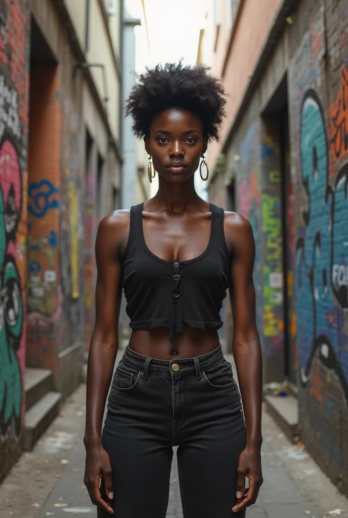 Black woman with ripped clothes, exposed breasts, and dirty.