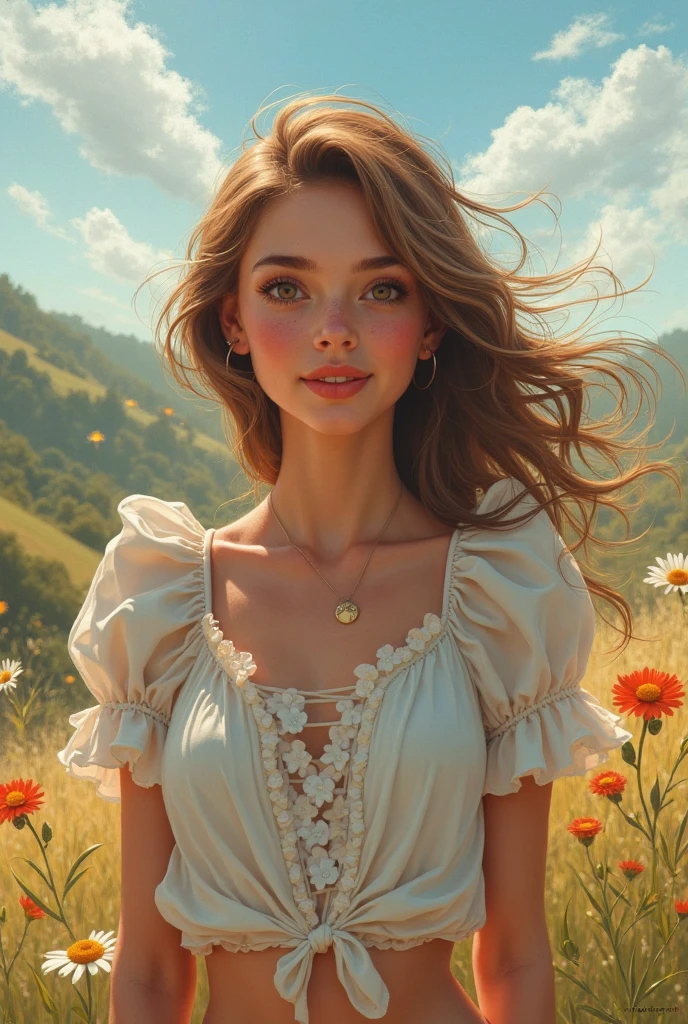 countryside road trip movie poster, masterpiece, best quality, 1girl, field of daisy, vibrant, happy, butterflies