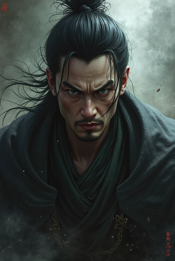 young boy, Cao Cao, stark, dark hair, scars, greeneyes, sem beard