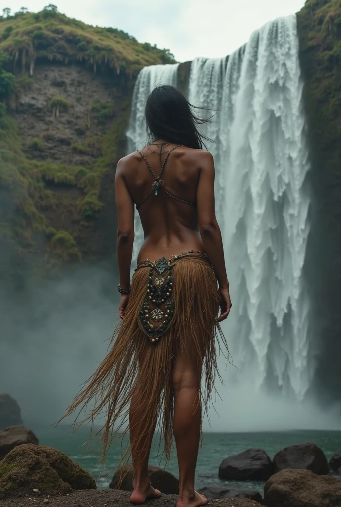 Masterpiece, Amazon woman, wearing a tan loincloth, tan cloth bra, dark skin, long hair, holding a primitive axe, view from behind, on rocky terrain,