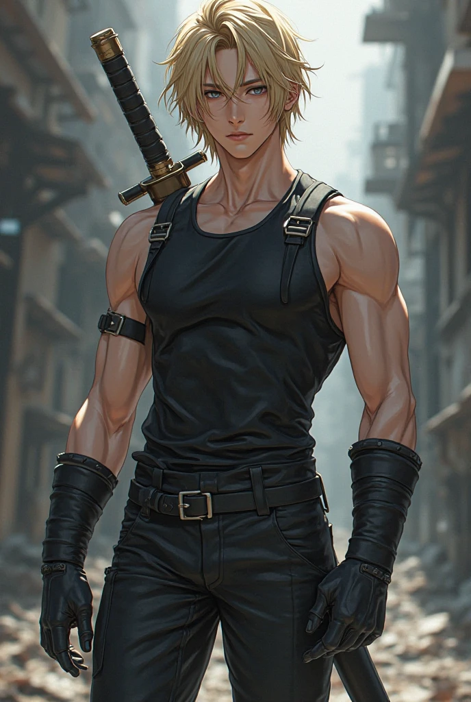 FF7 ff7r style、1 Boy、Male Focus、独奏、blonde  hair、jewely、耳Nipple Ring、The sword、spiked hair、turtle neck、portlate、s Armor、The upper part of the body、blurry backround、Keep your mouth shut、Weapons on the back、realisitic、Single Earrings、((​masterpiece) )
masutepiece, Best Quality, Cloud strife, Shoulder Armor, sleeveless turtleneck, suspenders, Belt bag, gloves, Bracer, Upper body, Serious expression, Looking at Viewer, Facing forward, City Street, Night, arms to side