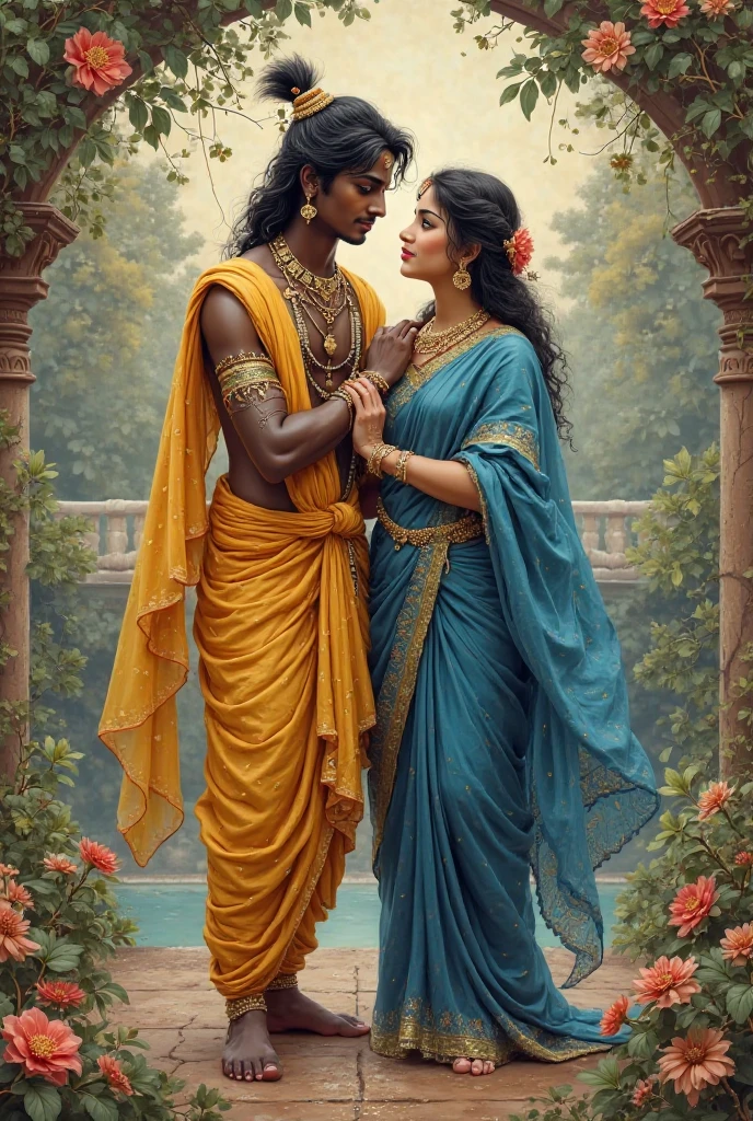 a beautiful detailed portrait of Shree Krishna and Radha, standing together, Krishna wearing a blue robe and holding a flute, Radha wearing a red saree with golden jewelry, detailed faces and eyes, intricate background with flowering trees, soft lighting, highly detailed, cinematic composition, digital painting, masterpiece, photorealistic, 8k, award-winning art